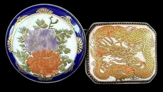2 Satsuma pins c. 1900: 2 Satsuma pins c. 1900. One is signed. Round approx. 2 inches. Rectangle approx. 1.75 x 1.5 inches.