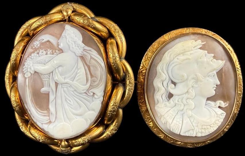 Pinchbeck Cameo and Cameo set in 14k Gold: Pinchbeck Cameo and Cameo set in 14k Gold. Pinchbeck approx. 3 x 2.5 inches. Other approx. 2.5 x 2 inches.