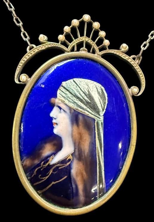 Necklace with Enamel Portrait of a Woman: Necklace with Enamel Portrait of a Woman. Clasp to pendant approx. 8 inches. Pendant approx. 2.25 x 1.5 inches.