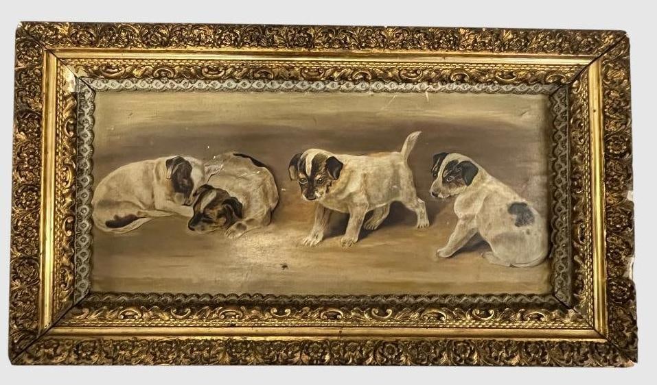 Jack Russell Terriers oil on board: Jack Russell Terriers oil on board. Approx. 15 x 6.5 inches. Frame approx. 18.5 x 10.5 inches.
