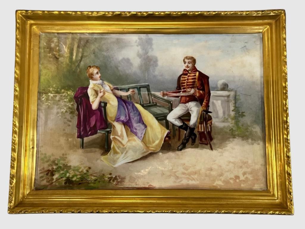 Dubois signed Romantic painting on porcelain: Dubois signed Romantic painting on porcelain. Approx. 13.5 x 10 inches.