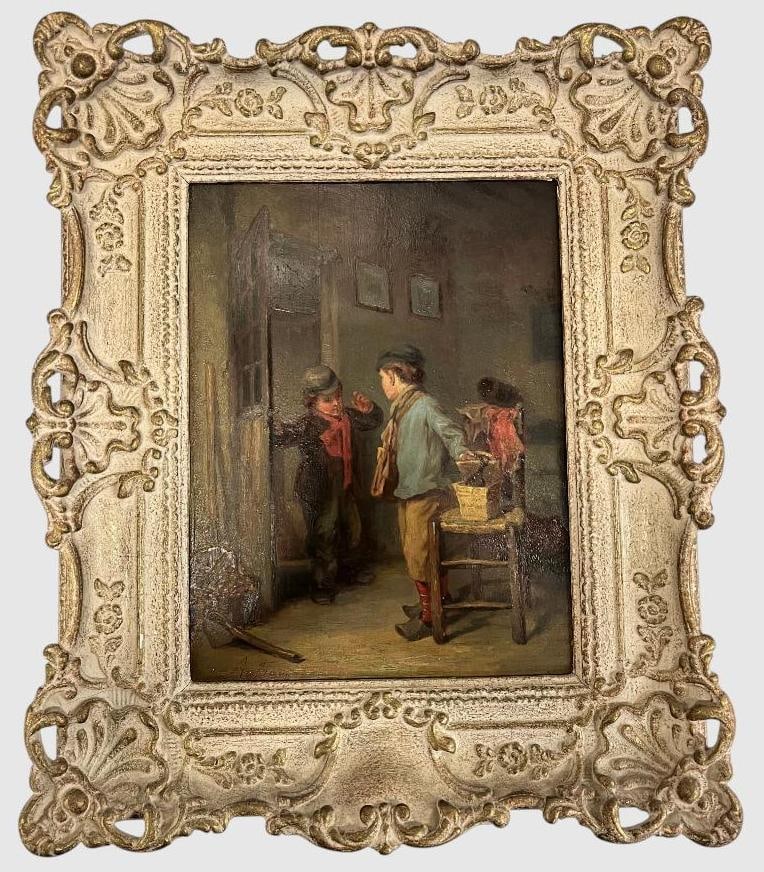 Joseph Athanase Aufray signed oil on board: Joseph Athanase Aufray (1836-1885) signed oil on board. "Off to School". Approx. 13 x 9 inches. Frame approx. 19 x 16 inches.
