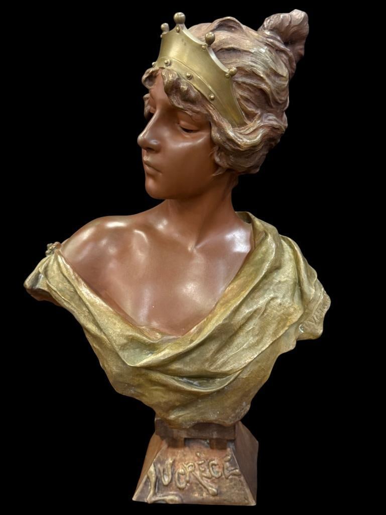 Emmanuel Villanis Art Nouveau Bronze Bust: Emmanuel Villanis Art Nouveau Bronze Bust. "Lucrece". Approx. 22 x 14 x 8 inches.