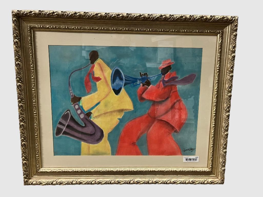 Pastel of Jazz Musicians: Pastel of Jazz Musicians. Signed - illegible. In the style of Ivey Hayes. Approx. 23.5 x 17.5 inches. Frame approx. 33 x 27 inches.