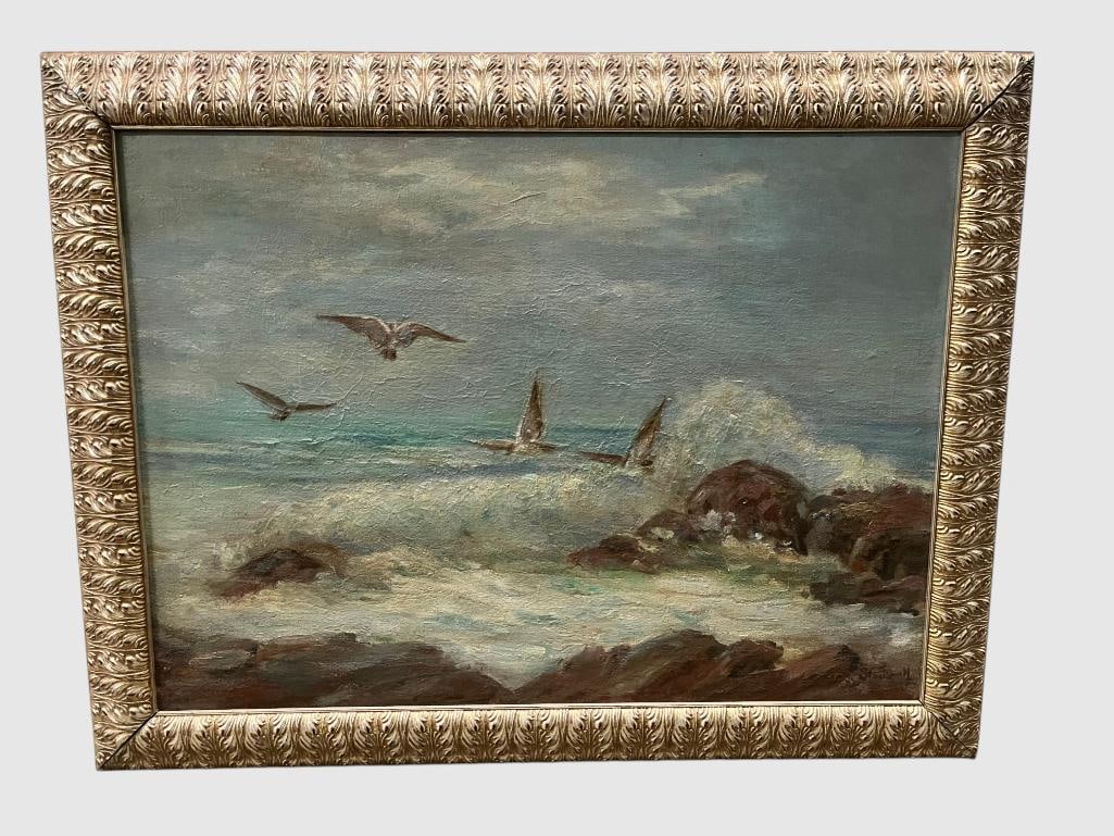 Coastal Seascape oil on board: Coastal Seascape oil on board. Signed - illegible. Approx. 34.5 x 25 inches. Frame approx. 41.5 x 32 inches.