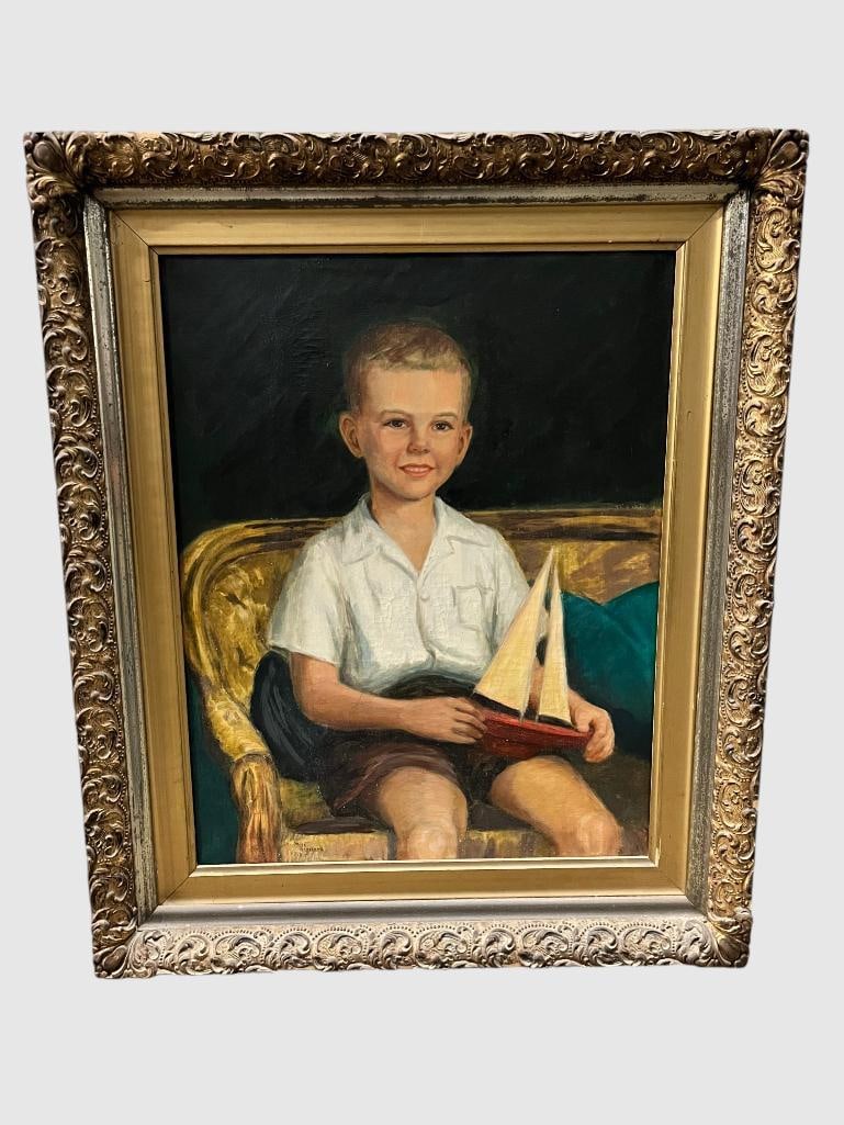 M. Harrison signed oil on canvas: M. Harrison 1953 signed oil on canvas. Portrait of a Boy with toy boat. Approx. 28 x 21 inches. Frame approx. 36 x 30 inches.
