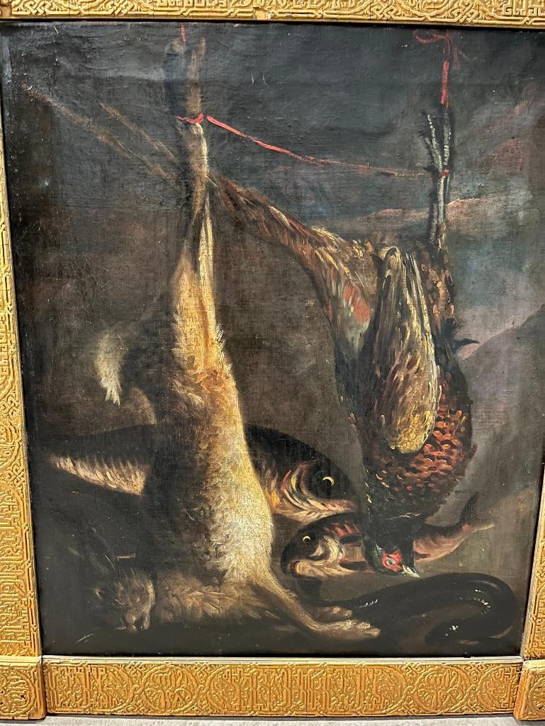 Still Life oil on canvas: Still Life oil on canvas, featuring game bird, fish, rabbit and more. Approx. 30 x 25 inches. Frame approx. 38 x 32 inches.