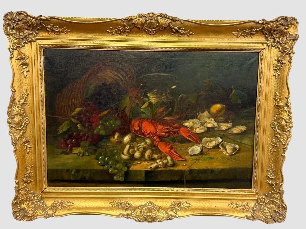Lobster and Oysters still life oil on canvas: Lobster and Oysters still life oil on canvas. Signed - illegible. Approx. 35 x 23 inches. Frame approx. 46 x 34 inches.