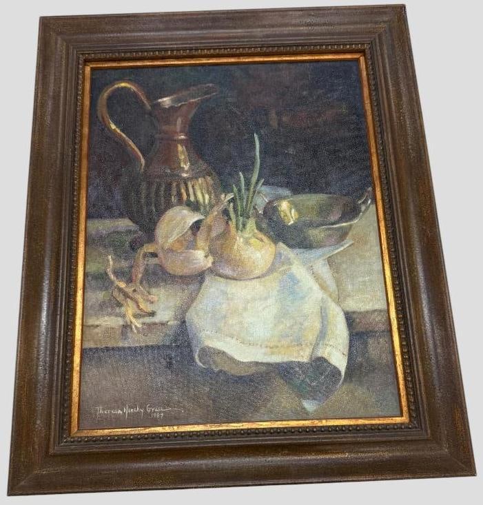 Theresa Hinchy Grau signed oil on board: Theresa Hinchy Grau signed oil on board. Still life. Approx. 17.5 x 13.5 inches. Frame approx. 22.5 x 18.5 inches.