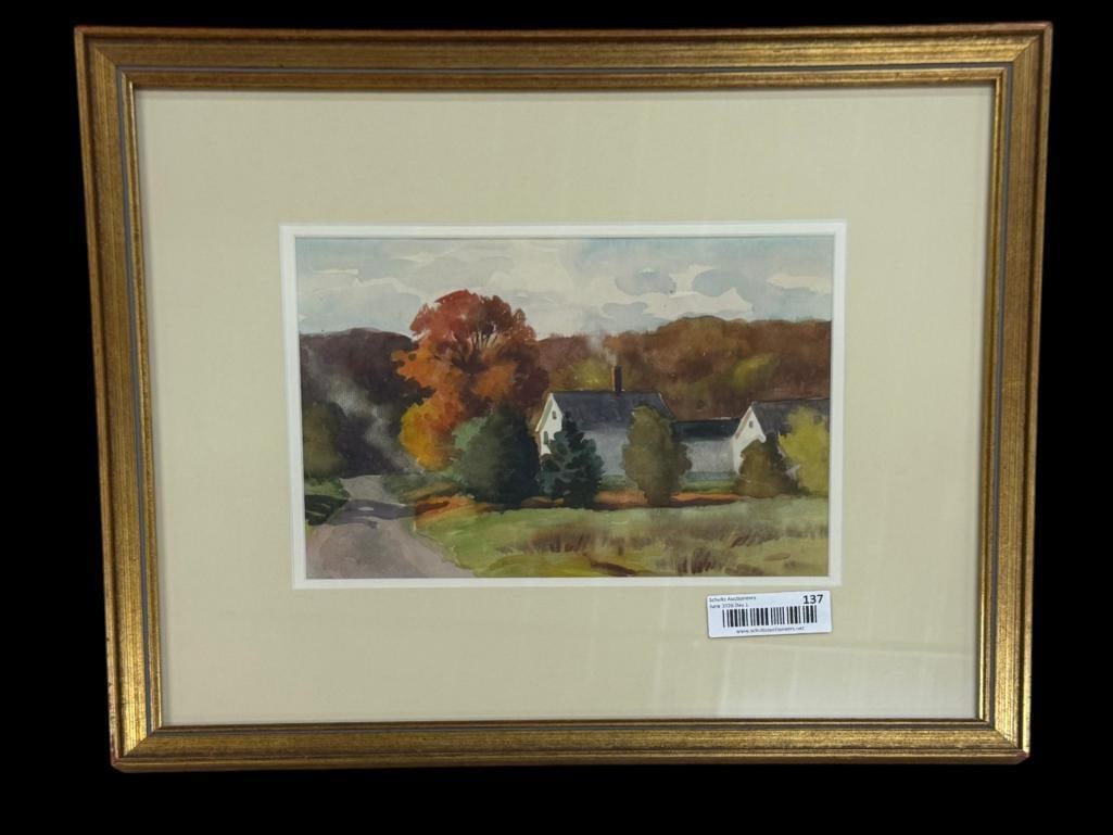 Mildred C. Green watercolor: Mildred C. Green (1874-1951) watercolor. "Autumn Farm House". Approx. 11 x 8 inches. Frame approx. 19.5 x 16.5 inches.