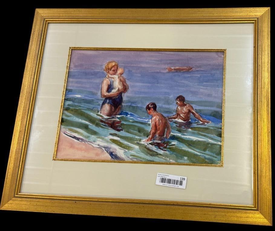 At the beach watercolor: At the beach watercolor. Signed - illegible. Attributed to George Renouard (1884-1954). Approx. 15 x 10.5 inches. Frame approx. 23.5 x 20 inches.