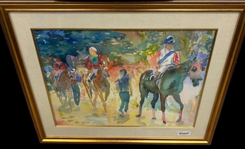 Colin Coots signed watercolor: Colin Coots 1993 signed watercolor. "Post Parade at Saratoga". Approx. 28 x 20 inches. Frame approx. 28.5 x 36.5 inches.