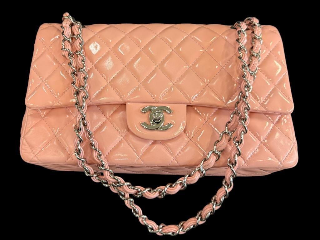 CHANEL Classic Double Flap bag: CHANEL Classic Double Flap bag in pink patent leather. Serial # 17583783. Includes entrupy C.O.A. Approx. 10 x 6 x 2.5 inches. Provenance: From an Italian collector.