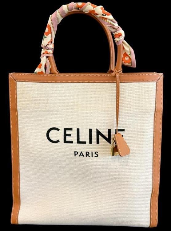 CELINE Vertical Cabas Tote bag: CELINE Vertical Cabas Tote bag in canvas and leather. Serial # S-SL-4159. Includes Legitmark C.O.A. Approx. 14 x 15 x 3.5 inches. Provenance: From an Italian collector.