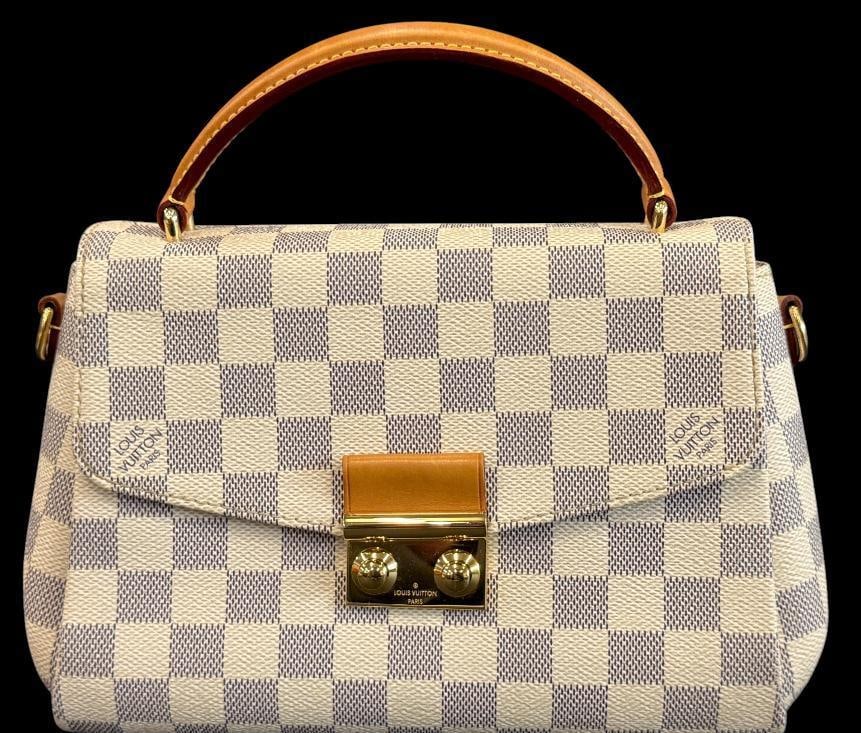 Louis Vuitton Croisette handbag: Louis Vuitton Croisette handbag in Damier Azur canvas. Includes shoulder strap. Serial # FL 3176. Includes entrupy C.O.A. Approx. 10 x 7 x 3 inches. Provenance: From an Italian collector.