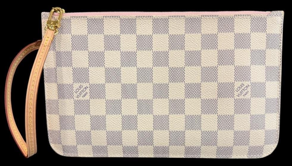 Louis Vuitton Damier Azur Neverfull Pochette: Louis Vuitton Damier Azur Neverfull Pochette wristlet. Serial # SD 3290. Includes entrupy C.O.A. Approx. 10 x 6 inches. Provenance: From an Italian collector.