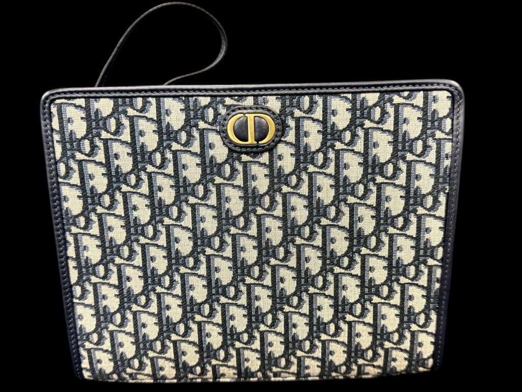 Dior 30 Montaigne Dea Pouch: Dior 30 Montaigne Dea Pouch in Blue Dior Oblique Jacquard Canvas. Includes some original tags and shoulder strap. Serial # 48-MA-0283. Includes Legitmark C.O.A. Approx. 10 x 8 x 3 inches. Provenance: