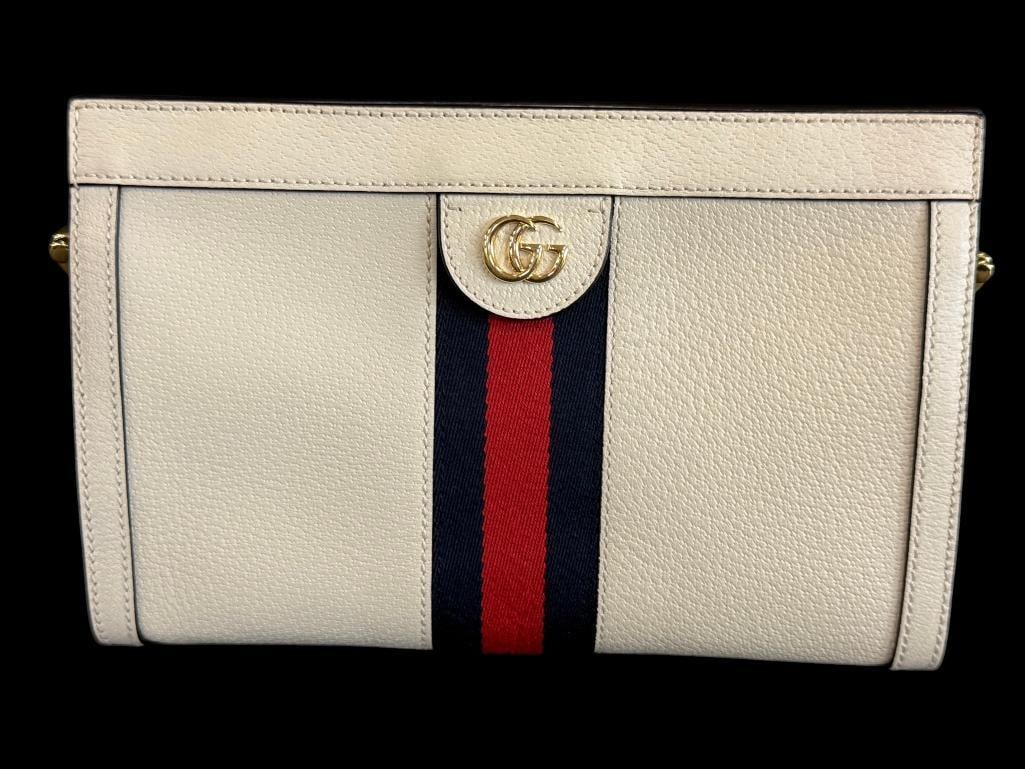 Gucci Ivory Leather Ophidia Shoulder bag: Gucci Ivory Leather Ophidia Shoulder bag. Serial # 503877 520981 and QR code. Includes Legitmark C.O.A. Approx. 10.5 x 6.5 x 3.5 inches. Provenance: From an Italian collector.