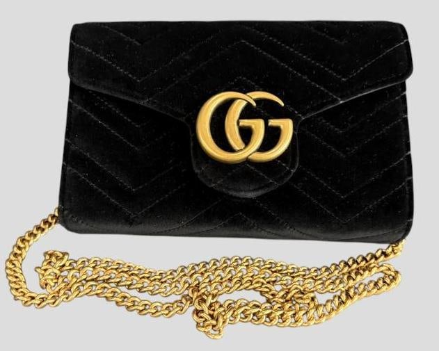 Gucci GG Marmont Velvet bag: Gucci GG Marmont Velvet bag. Serial # 474575 493075. Includes gold chain shoulder strap and Gucci pamphlets. Approx. 8 x 5.5 x 2 inches. Provenance: From an Italian collector.
