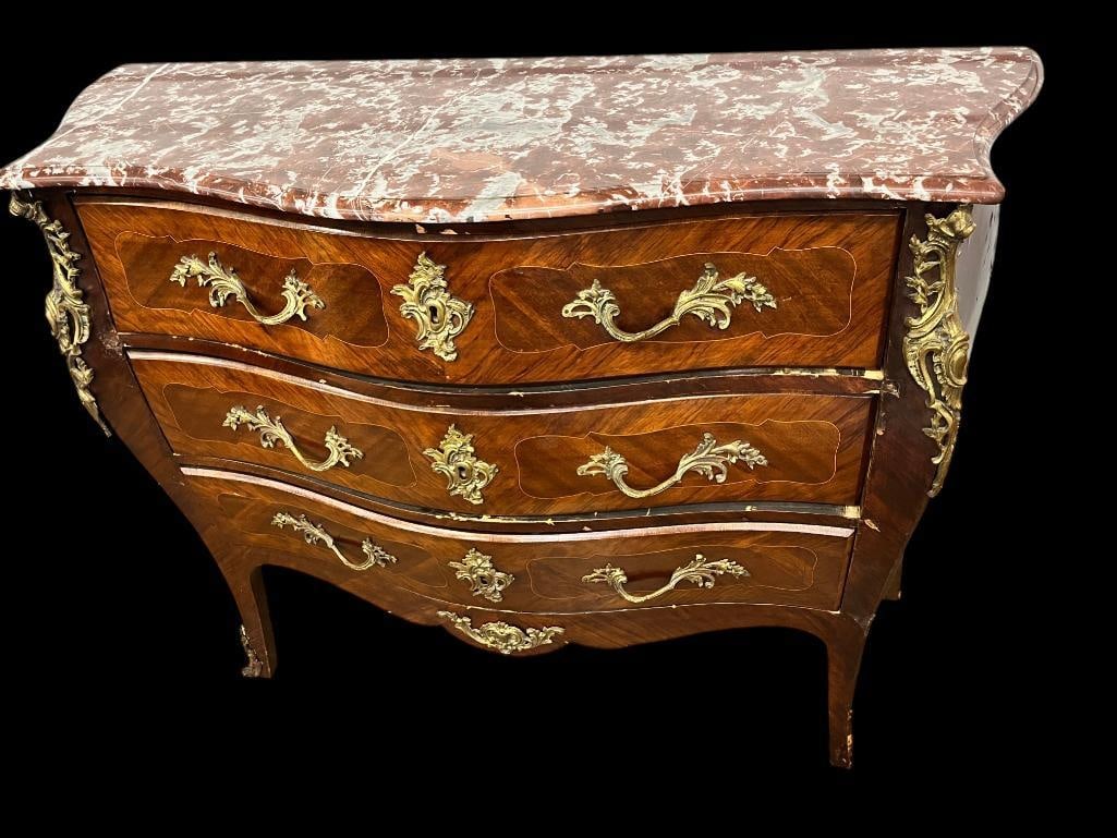 Marble top Commode with Gilt Bronze mounts: Louis XIV Marble top Commode with Gilt Bronze mounts. 3 drawers. Approx. 51 x 39 x 19 inches.