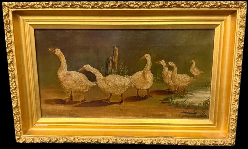 Oil on Canvas of Geese: Oil on Canvas of Geese, possibly signed E. Gertz 1900. Approx. 16.5 x 8.5 inches. Frame approx. 21 x 13 inches.