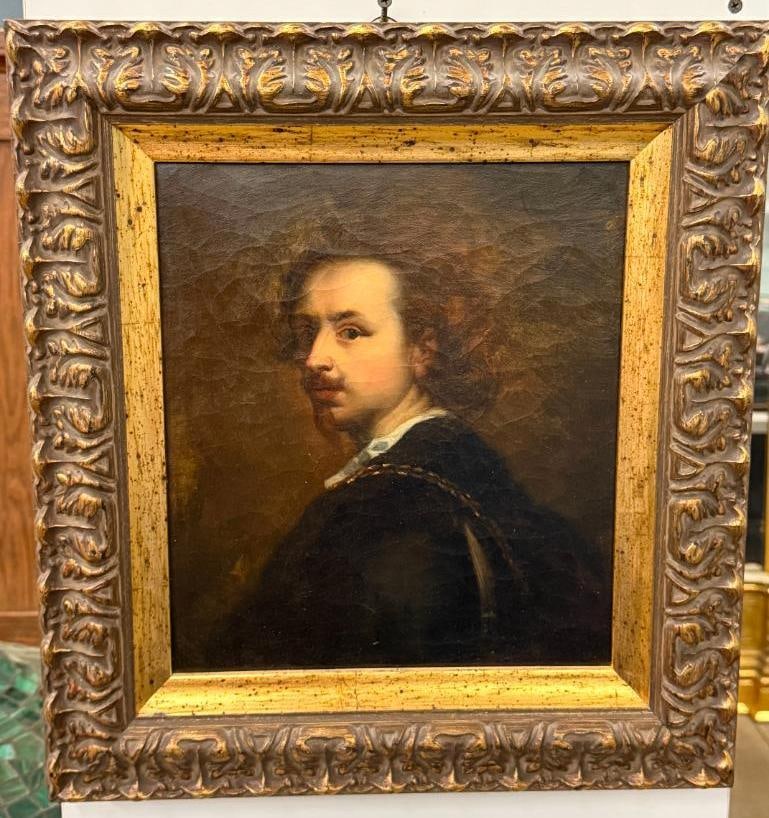 Dutch style portrait of a man: Dutch style portrait of a man, oil on canvas. Approx. 11 x 10 inches. Frame approx. 17 x 15.5 inches.