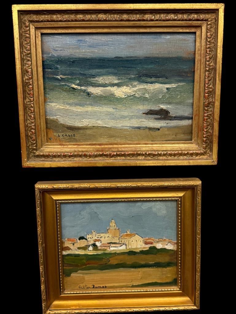 2 signed oil on board paintings: 2 signed oil on board paintings. One signed L. Calle. One signed by dumas. Larger approx. 8 x 6 inches. Frame approx. 11 x 8.5 inches.