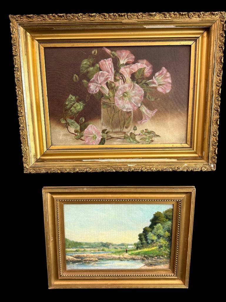 2 oil paintings: Still life oil on canvas of morning glories - unsigned. Oil on board of a riverbank scene, signed J. Bouges. Sill life approx. 13 x 8.5 inches. Frame approx. 17 x 13 inches.
