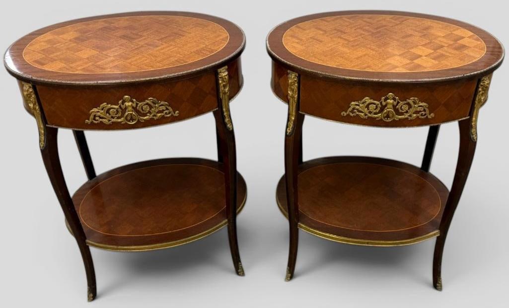 Pair of French Oval Inlay 2 Tier Tables (1 of 12)