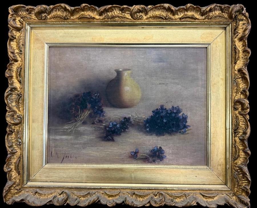 A.M. Yeskey signed oil on canvas: A.M. Yeskey signed oil on canvas. Approx. 12 x 9 inches. Frame approx. 17 x 14 inches. Provenance: This piece comes from the Herbert F. Johnson Museum of Art at Cornell University NY.