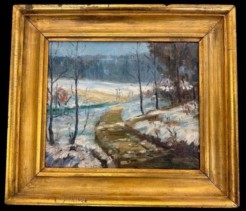 Country Road through a Snowy Field: Country Road through a Snowy Field oil on canvas. Unsigned. Approx. 12 x 10 inches. Frame approx. 17.5 x 15.5 inches. Provenance: This piece comes from the Herbert F. Johnson Museum of Art at Cornell