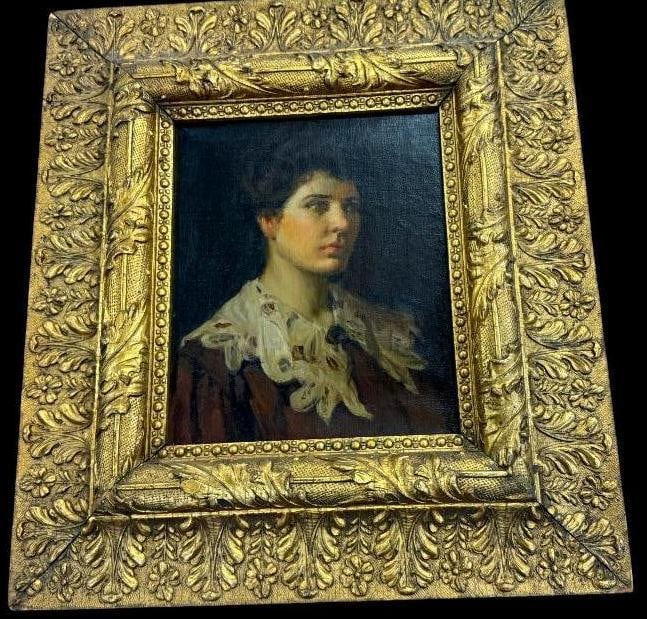 Bust of a Young Woman oil on canvas: Bust of a Young Woman oil on canvas. Approx. 11.5 x 9.5 inches. Frame approx. 21.5 x 19.5 inches. Provenance: This piece comes from the Herbert F. Johnson Museum of Art at Cornell University NY.