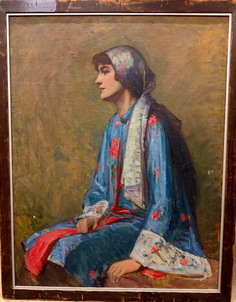 John T oil on canvas of a woman: John T - possibly Tralen oil on canvas of a woman in headscarf. Approx. 35.5 x 27.5 inches. Frame approx. 40 x 32 inches. Provenance: This piece comes from the Herbert F. Johnson Museum of Art at