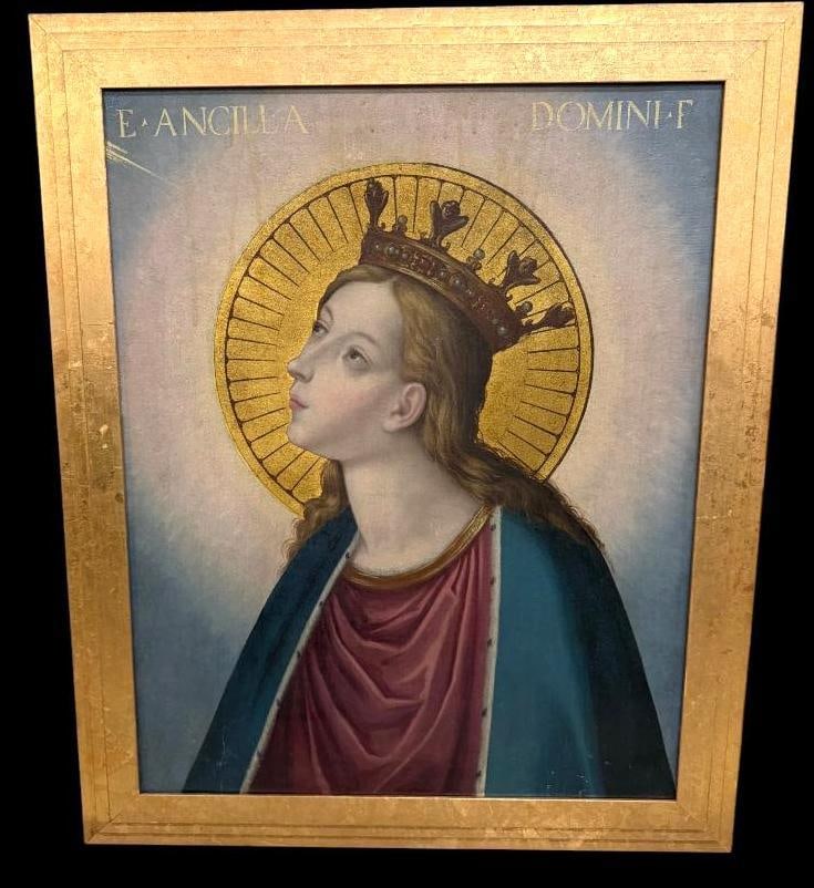 Crowned Virgin Mary oil on canvas: Crowned Virgin Mary oil on canvas. Unknown artist. 27 x 21 inches. Frame approx. 32 x 27 inches. Provenance: This piece comes from the Herbert F. Johnson Museum of Art at Cornell University NY.
