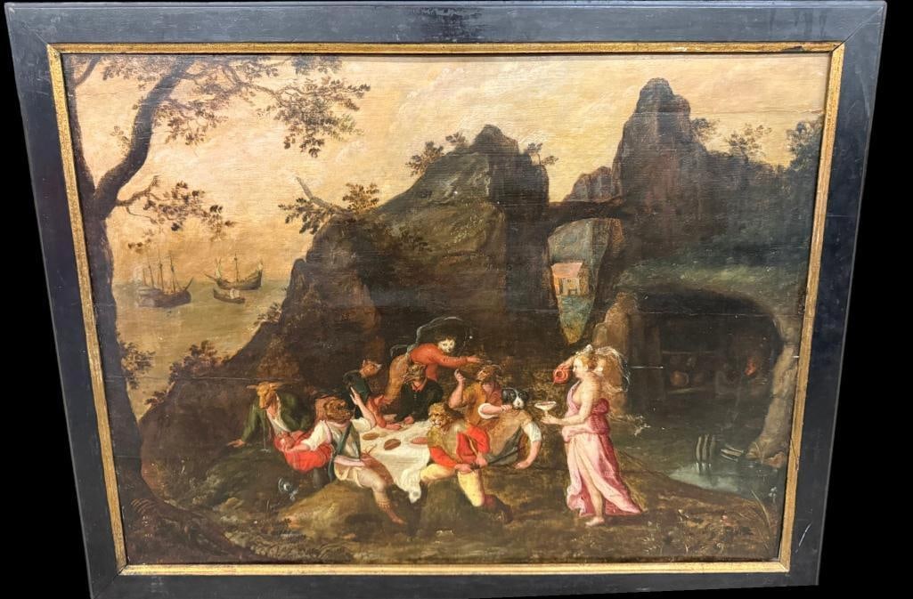 Gillis Mostaert the Elder oil on panel: Gillis Mostaert the Elder (1528-1598) oil on cradled panel. Circle with the Animals. Approx. 26 x 20 inches. Frame approx. 29 x 23 inches. Provenance: This piece comes from the Herbert F. Johnson