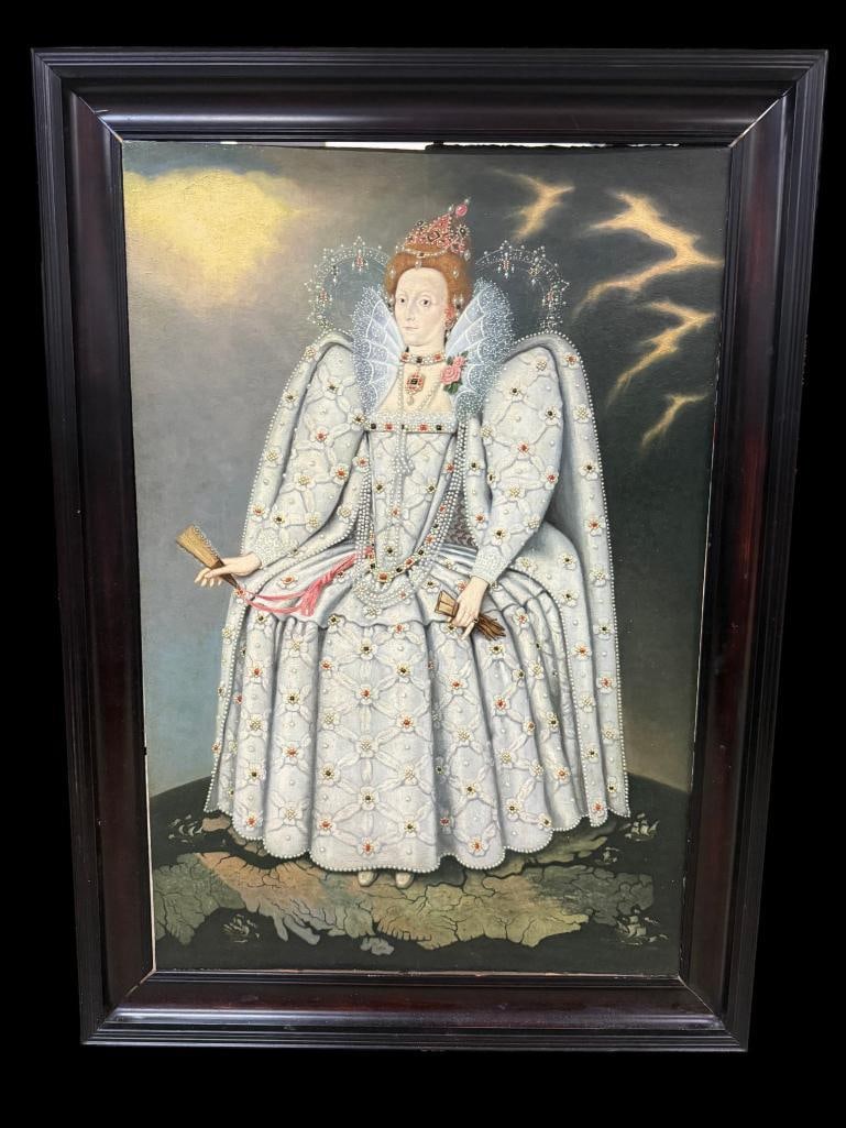 The Ditchley Portrait of Queen Elizabeth I: Copy of The Ditchley Portrait of Queen Elizabeth I. Oil on wood panel, Artist unknown. Approx. 29 x 20 inches. Frame approx. 34 x 25 inches. Provenance: This piece comes from the Herbert F. Johnson