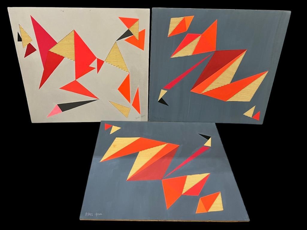 3 Jasha Green Places to Meditate mixed media: 3 Jasha Green (1923-2006) signed Places to Meditate mixed media on cardboard. Numbers 1, 2 and 3. Approx. 32 x 30 inches. Provenance: These pieces come from the Herbert F. Johnson Museum of Art at