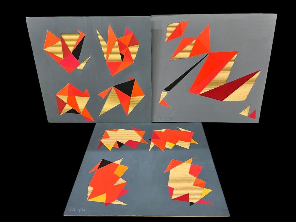 3 Jasha Green Places to Meditate mixed media: 3 Jasha Green (1923-2006) signed Places to Meditate mixed media on cardboard. Numbers 4, 5 and 6. Approx. 32 x 30 inches. Provenance: These pieces come from the Herbert F. Johnson Museum of Art at