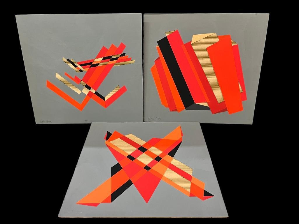 3 Jasha Green Places to Meditate mixed media: 3 Jasha Green (1923-2006) signed Places to Meditate mixed media on cardboard. Numbers 7, 8 and 9. Approx. 32 x 30 inches. Provenance: These pieces come from the Herbert F. Johnson Museum of Art at