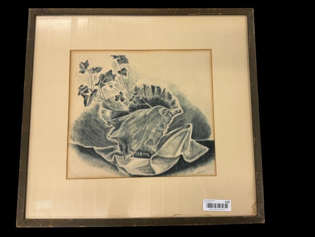 Martha Visser't Hooft signed drawing: Martha Visser't Hooft (1906-1994) signed crayon drawing. Approx. 14 x 12.5 inches. Frame approx. 23 x 21 inches.
