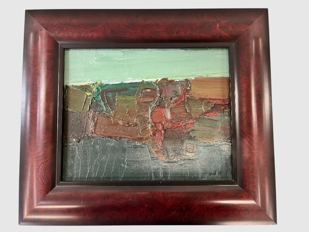 Neil 65 signed oil on board: (Hugh M.) Neil 65 signed oil on board. "North of Mayfield". Exhibited at the Appleton Gallery Syracuse NY 1968. Approx. 9.5 x 7.5 inches. Frame approx. 14.5 x 12.5 inches.