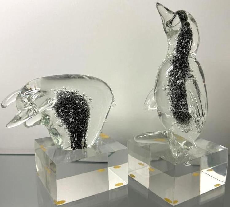 Murano Glass Bull and Penguin: Murano Glass Bull and Penguin with controlled bubble inclusion. Penguin approx. 9.5 x 4.5 x 4 inches.