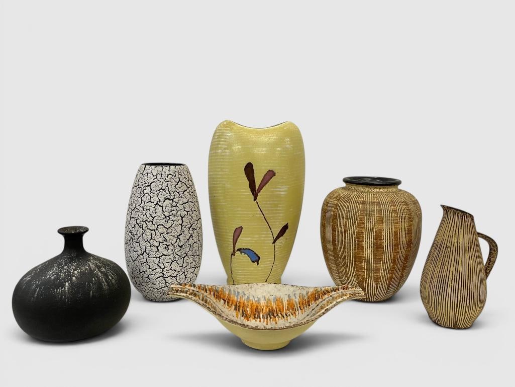 6 Pottery Vases: 6 Pottery Vases. Some marked Germany. Largest approx. 12 x 7.5 x 5 inches.