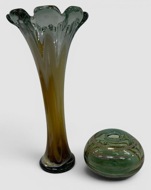 2 Art Glass Vases: 2 Art Glass Vases. Round swirl vase is signed Eli ?. Tall vase approx. 17 x 8 x 8 inches.