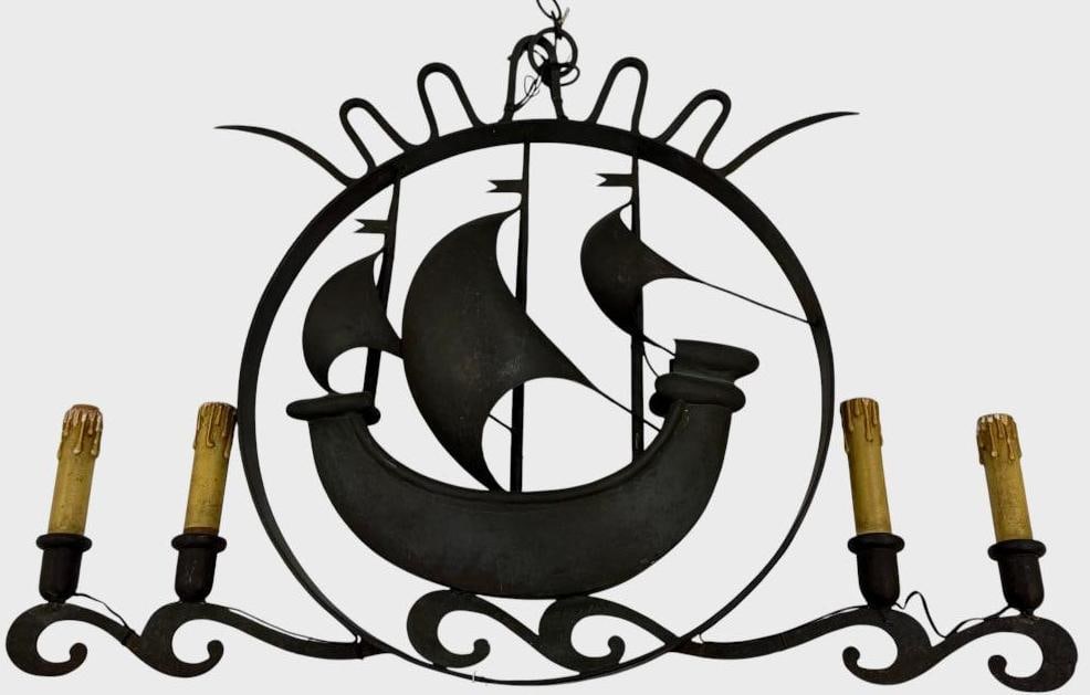 Wrought Iron Ship Hanging Fixture: Wrought Iron Ship Hanging Fixture attributed to Hugo Berger, "Goberg". Approx,. 30 x 23 x 4 inches.