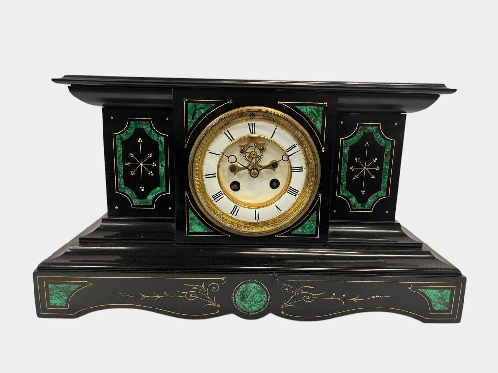 French Black Slate Mantle Clock with Malachite Inlay (1 of 5)