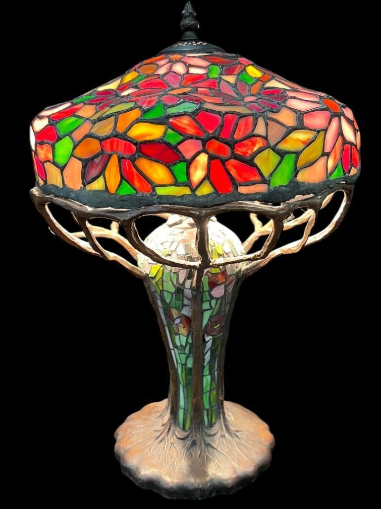 Leaded Glass Lamp: Leaded Glass Lamp with floral designs. Approx. 18 x 13 x 13 inches.