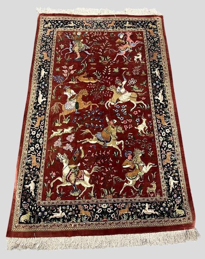 Handmade Silk Pictorial rug: Very finely woven Hereke handmade Silk Hunting Scene Pictorial rug. Approx. 48 x 30 inches.