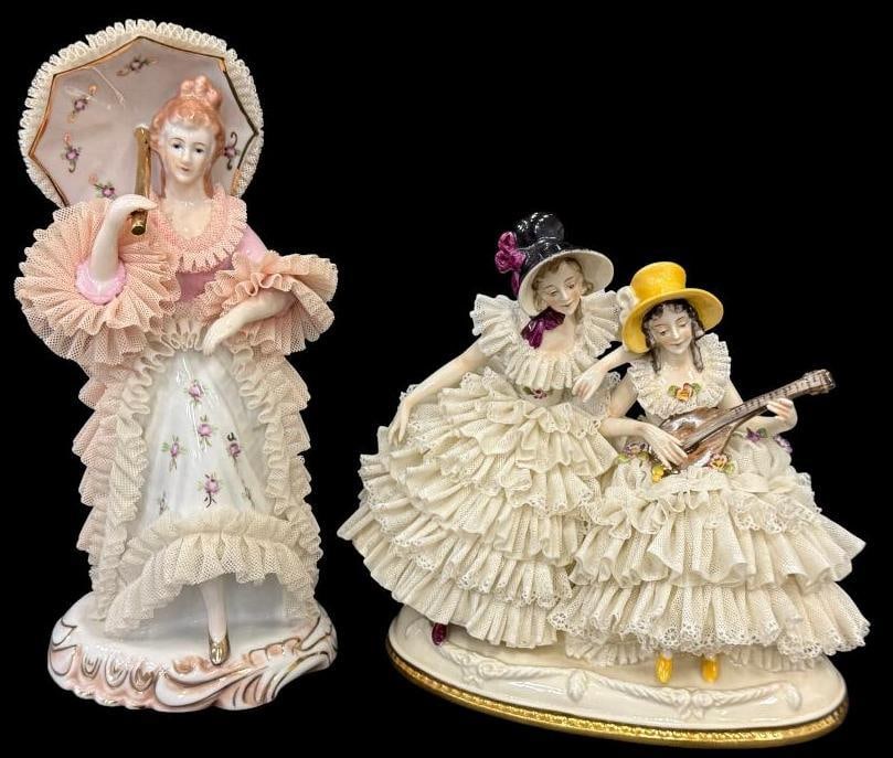 2 Dresden style figures: 2 Dresden style figures. One marked Germany, one marked Japan. Larger approx. 9 inches tall.