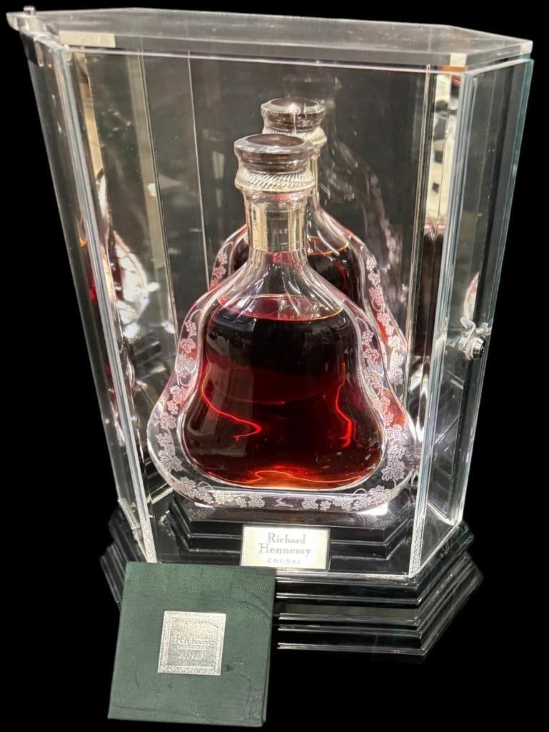 Richard Hennessy Cognac Bottle with Light Up Case: Richard Hennessy Cognac Bottle with Light Up Display Case. #400574. St. Louis Crystal with wood stopper. Approx. 15 x 11 x 8 inches.